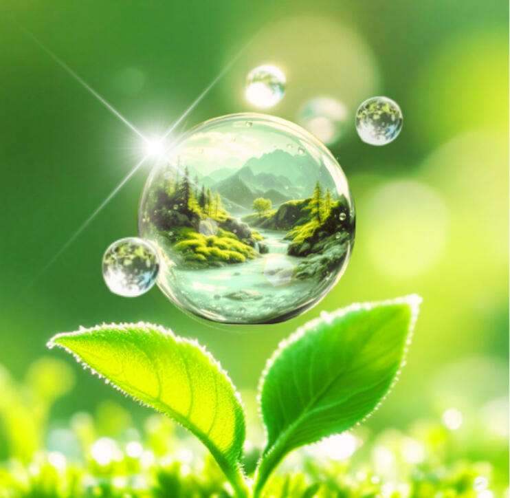 Gouttelette d'eau en suspension au-dessus d'une jeune pousse verte, reflétant un paysage de montagne avec rivière et forêt, symbolisant le pouvoir vital et régénérateur de l'eau dans la nature